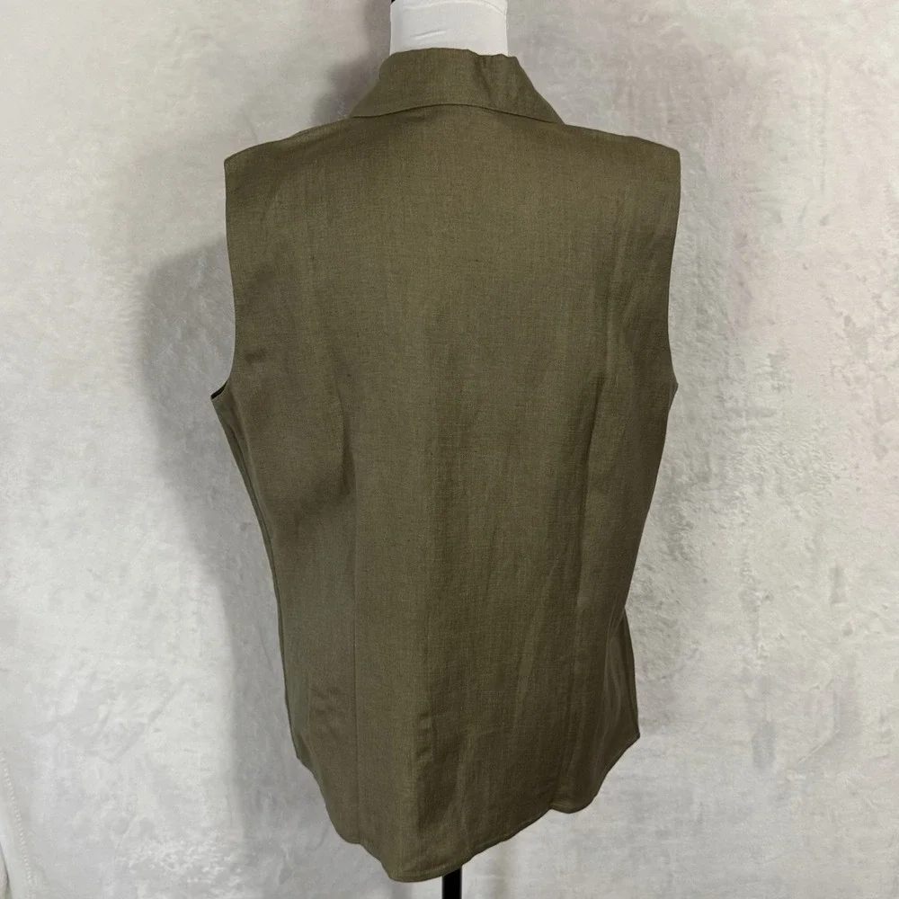 Linen Blend Button Down Sleeveless Olive Shirt - Picture 3 of 10